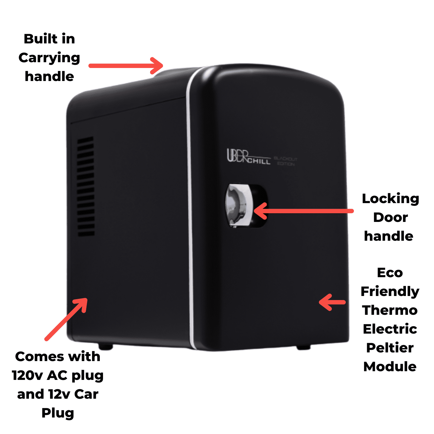 Uber Appliance Uber Chill Mini Fridge 6-can Portable Mini Fridge for Dorm, Bedroom or Office - Thermoelectric (Blackout Matte Black)