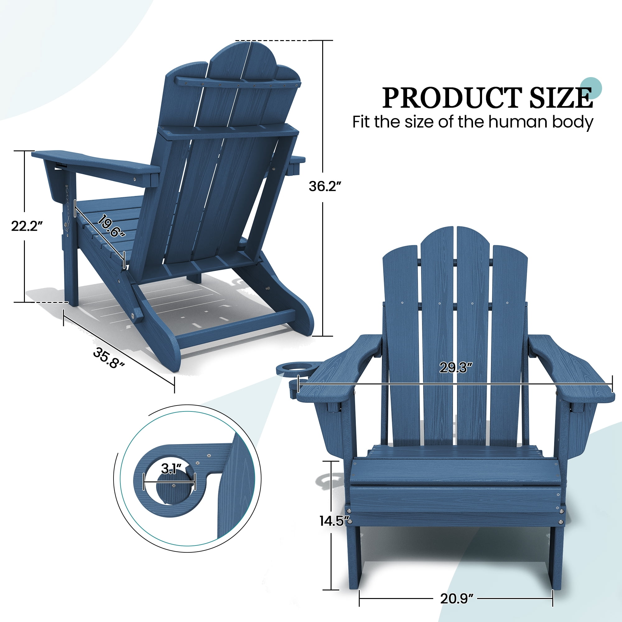KINGYES Folding Adjustable Adirondack Chairs Set of 4, All Weather Use Reclining Adirondack Chair, HDPE Adirondack Outdoor Chair - Blue