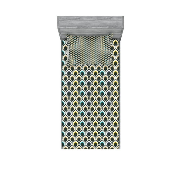 Ambesonne Geometric Fitted Sheet & Pillow Sham Set, Hexagonal Overlapping, Twinxl, Black Sky Blue Yellow