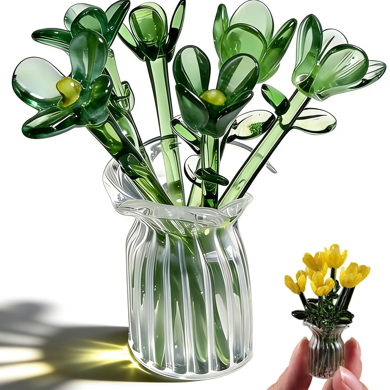 Mini Glass Flowers in Vase - Tiny Glass Flower in Vase, Butterfly Stained with Stems, Miniature Crystal Centerpieces Tables, 7 Color Birth Month Artificial Wildflower Bouquet for Mom (D#)