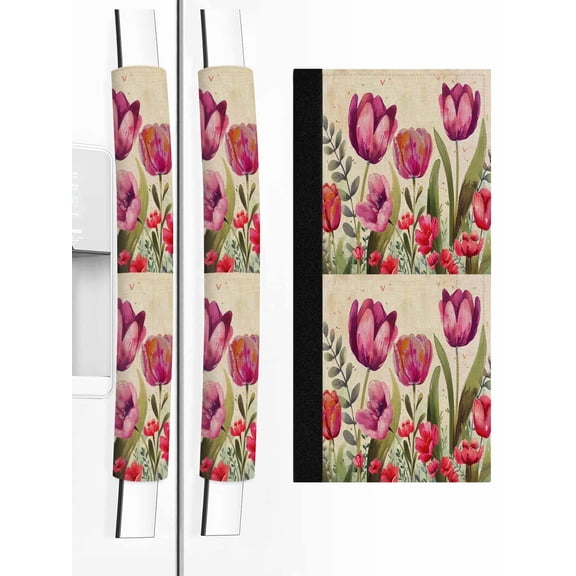 Pink Red Spring Floral Refrigerator Door Handle Covers Set of 2, Summer Botanical Tulip Vintage Kitchen Fridge Microwave Oven Dishwasher Stove Cabinet Handle Protectors, Washable Appliance Decor