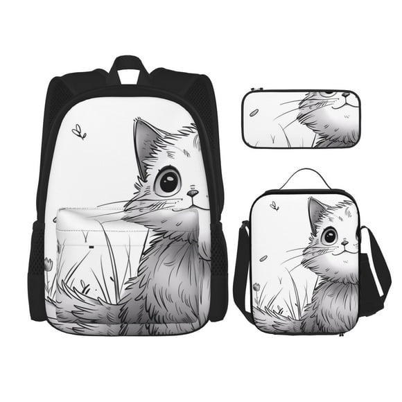 Disketp Cute Cat Meadow Sketch Mochila Estampada de Gran Capacidad con Lonchera y Estuche, Set de 3 Piezas para Estudiantes