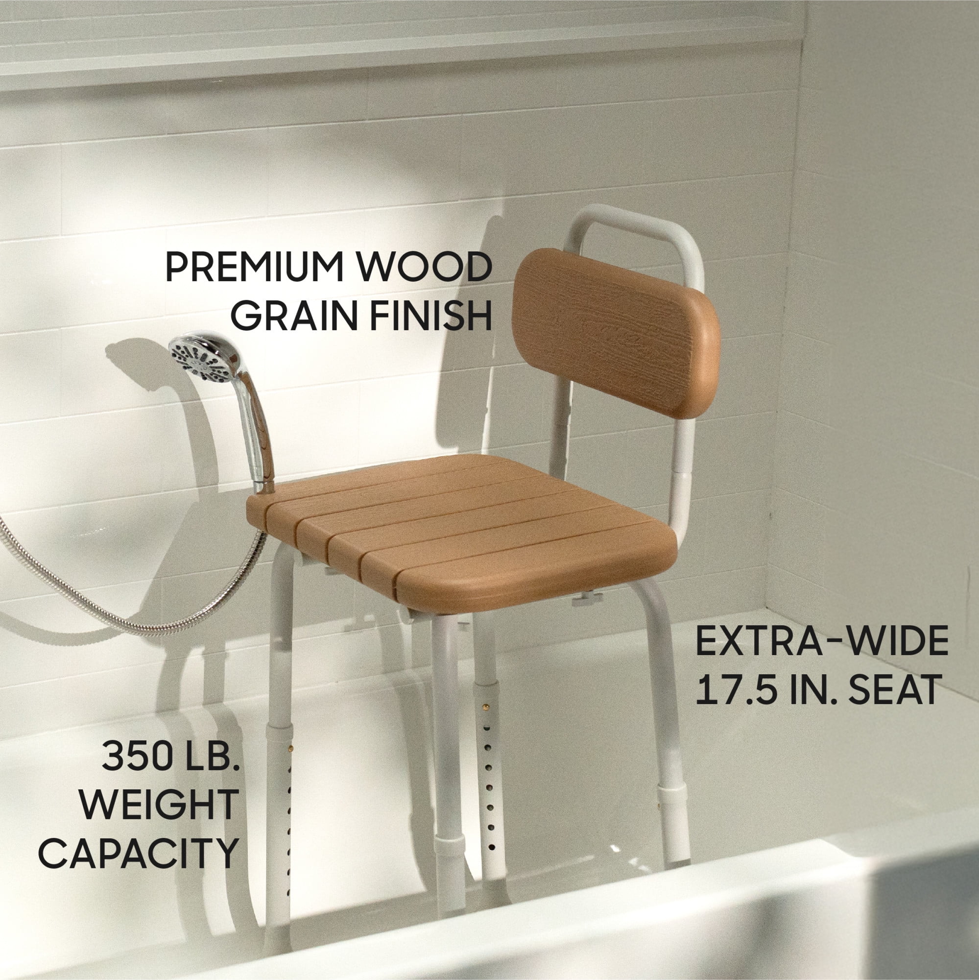 Sharper Image® Deluxe Shower Chair with Back, 350 lb Capacity, Wood Grain Finish, Adjustable Height