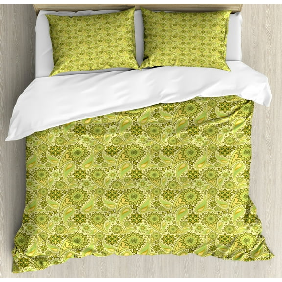 Ethnic Duvet Cover Set Queen Size, Traditional Paisley Oriental Leaves Bohemian Motif Arabian Inspirations, Decorative 3 Piece Bedding Set with 2 Pillow Shams, Lime Avocado Green, by Ambesonne
