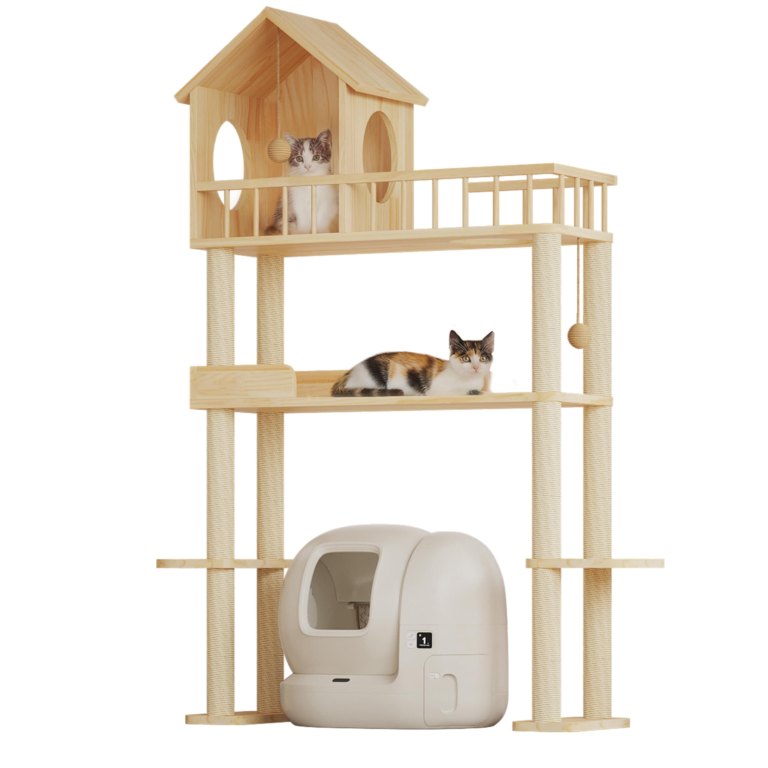 Wood Cat Tower For Automatic Litter Box  60"h Tree With Multi-level Solid Indoor Large Cats Tall Furniture W/cats House Burlywood