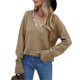 thumbnail image 1 of Empalme de encaje Suéter con cuello en V profundo Causal Suelto Transpirable Manga larga con volantes Suéter de mujer para invierno Caqui L, 1 of 7
