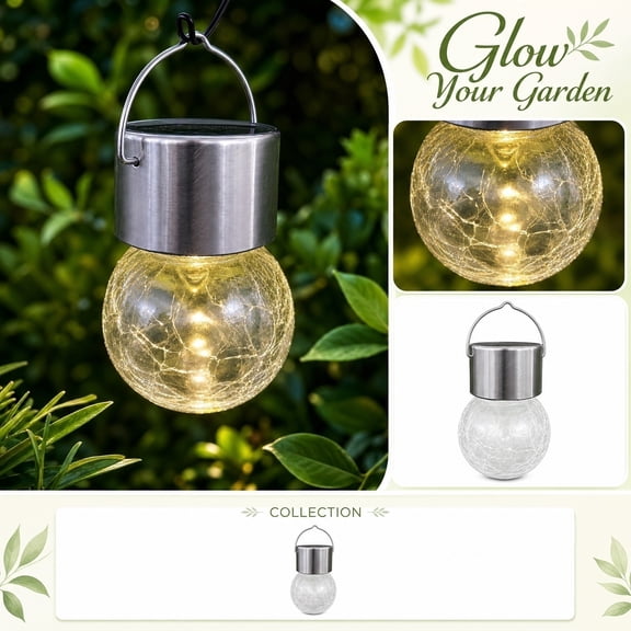 Solar Lantern Outdoor Waterproof, Solar Globe Lights Outdoor Waterproof, Outdoor Yard Decorations, Decorative Lantern, 1Pc Yellow Glass Crackle Hanging Solar Light with Hook and