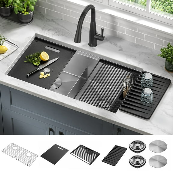DELTA Rivet 33 Workstation Kitchen Sink Undermount16 GaugeStainless Steel 50/50 Double Bowl withWorkFlow Ledge and Accessories