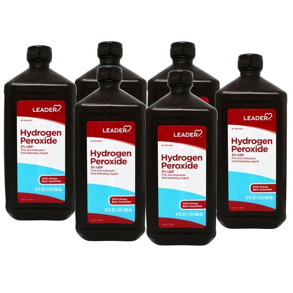 6 Pack - Leader Hydrogen Peroxide 3% USP Solution, First Aid Antiseptic, Oral Debriding Agent, 32 Fluid Ounces (1QT) 946 ML