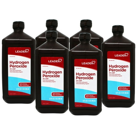 6 Pack - Leader Hydrogen Peroxide 3% USP Solution, First Aid Antiseptic, Oral Debriding Agent, 32 Fluid Ounces (1QT) 946 ML