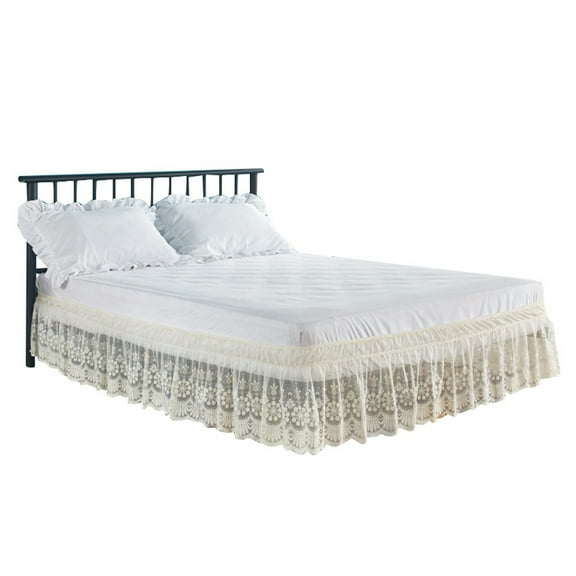 OIUR Lace Bed Skirt 15" Drop Elastic Dust Ruffle Bedskirt Wrap Around 3 Sides of Bed Machine Washable Bed Skirt for Twin/Full/Queen/King Bed