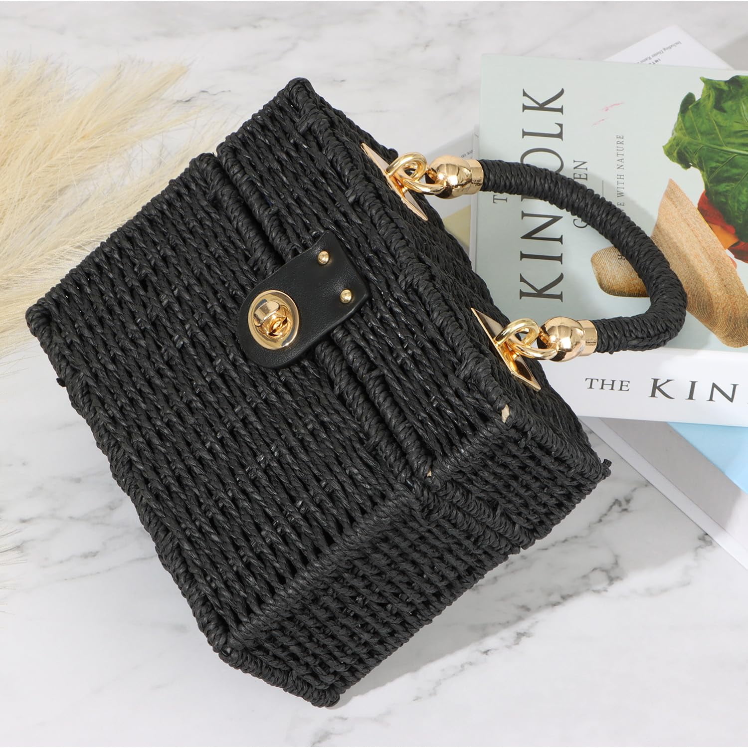 Rattan Purse for Women Summer Tote Handbag Woven Bakset Crossbody Bag Trendy Beach Top Handle Bag