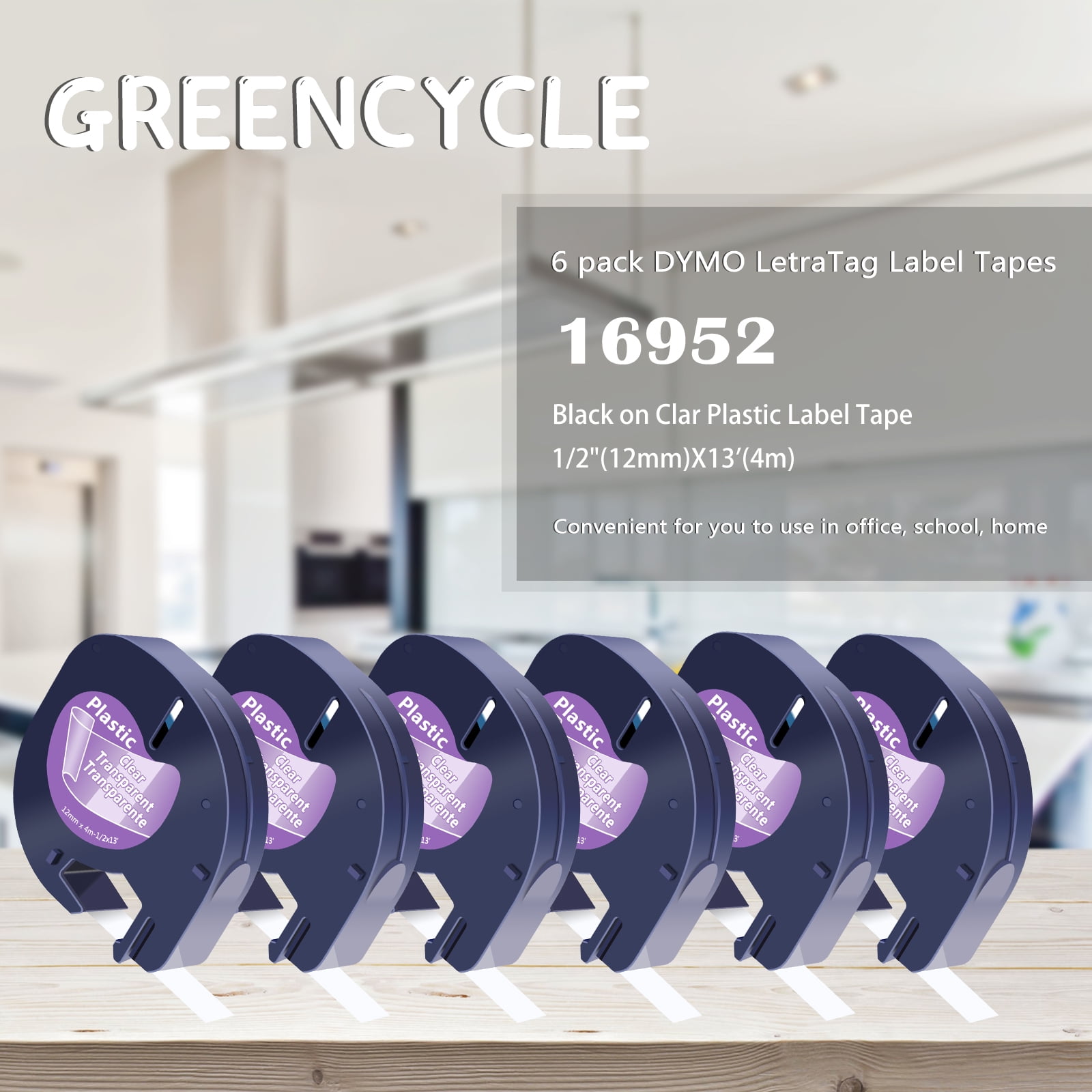 GREENCYCLE 6PK 12mm 4m Black on Clear Plastic Label Tape Compatible for Dymo 16952 12267 16951 12268 S0721530 LetraTag Printer