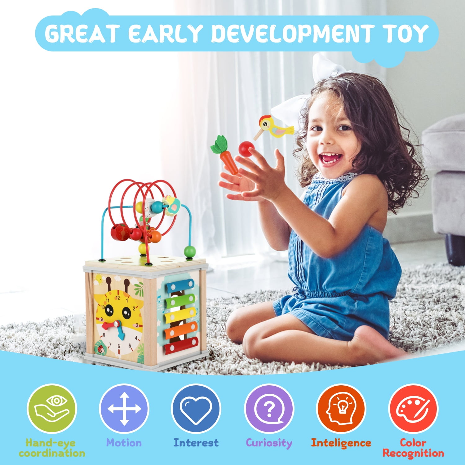 UQN Wooden Activity Cube, 10-in-1 Montessori Toys for 1 Year Old, Learning Educational Baby Busy Toys Gift for 1 2 3 Year Old Boys & Girls