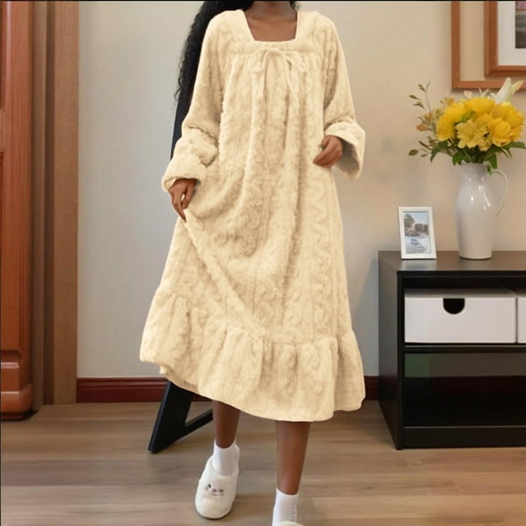 Flannel Nightdress Long Nightgowns for Women Long Sleeves Sleepwear for Women Casual Maxi Dress House Dresses Beige M
