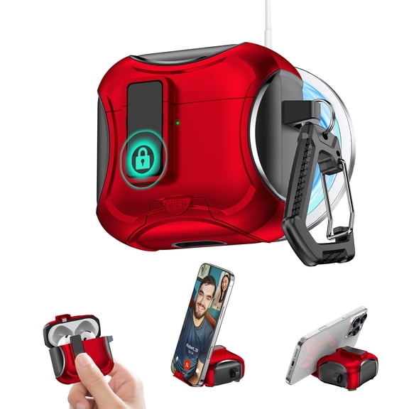 Allytechgroup AirPods Pro 2 Case with Keychain, Cell Phone Stand Design Hard PC Shockproof Dustproof Anti-Scratch Bumper Rugged Case Cover for Apple Airpods Pro 2nd Generation 2022, Red