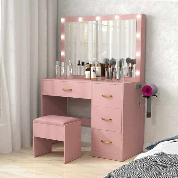 Craftian Pink Vanity Desk Set with LED Mirror, Power Outlets & Cushioned Stool, 4 Drawers, Adjustable 3-Color Lighting for Bedroom