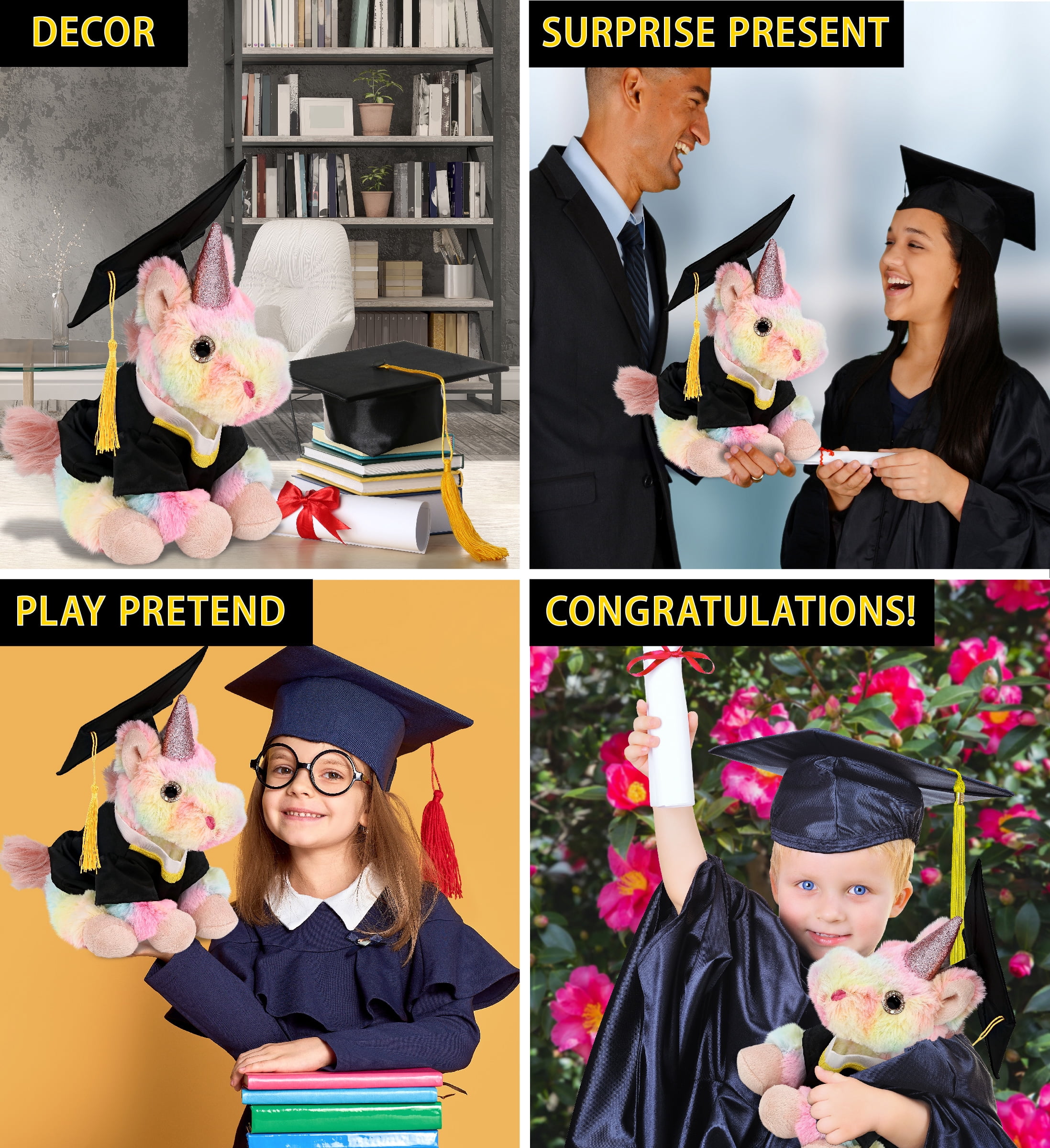 DolliBu Super Soft Rainbow Unicorn Graduation Plush Toy – Cute Plush Graduation Unicorn Stuffed Animal Dress Up in Black Graduation Cap with Tassel – Congratulatory Graduation Gift – 9 Inches