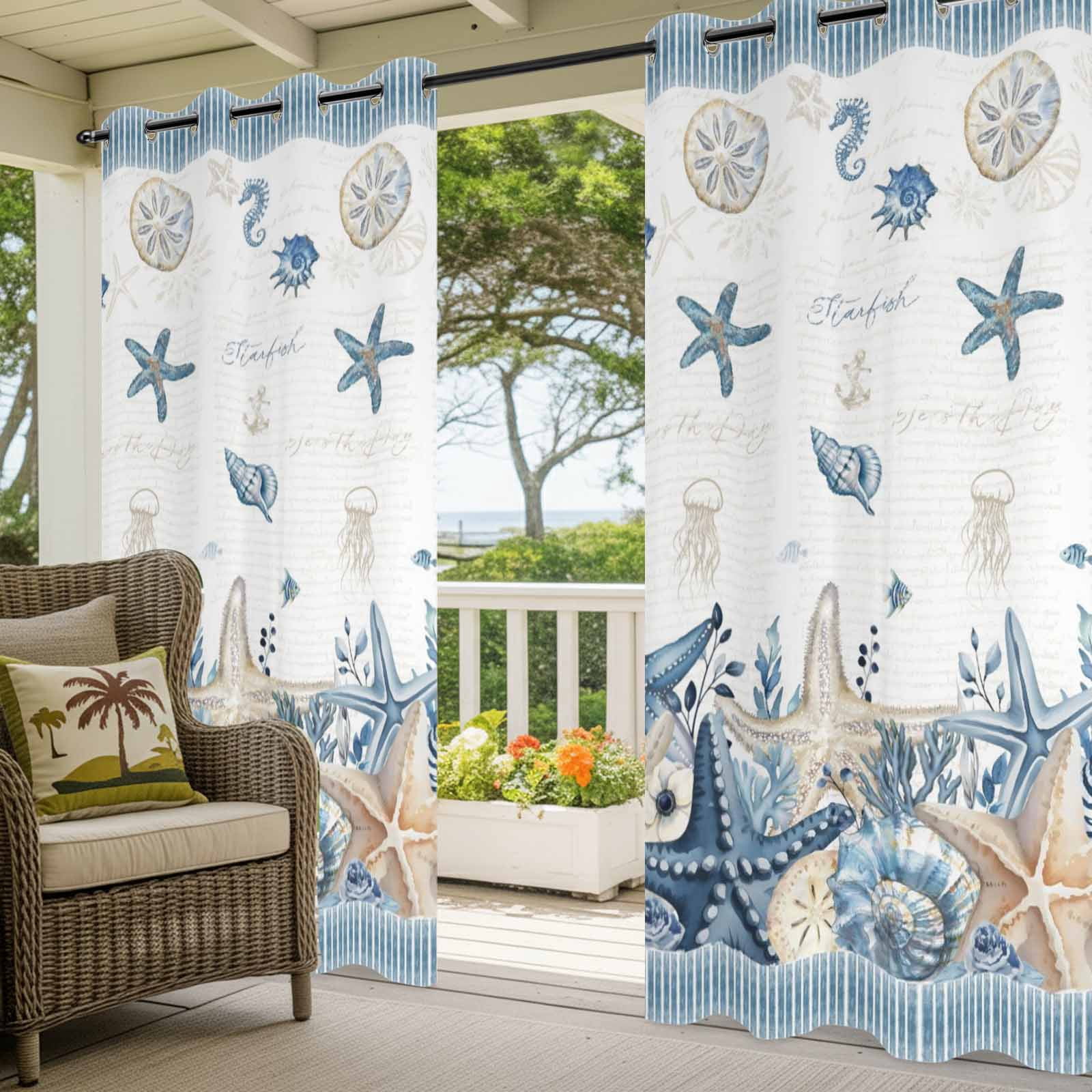 Summer Beach Outdoor Curtains for Patio, Nautical Sea Starfish Seashell Coral Seahorse Blue Stripe Sunshade Privacy Drapes Grommet Waterproof Outside Curtains for Porch Balcony 54"x108", 1 Panel