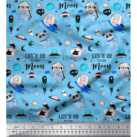 Soimoi Viscose Chiffon Fabric Planet,Rocket & Astronaut Animals Cartoon Fabric Prints by Yard 42 Inch Wide