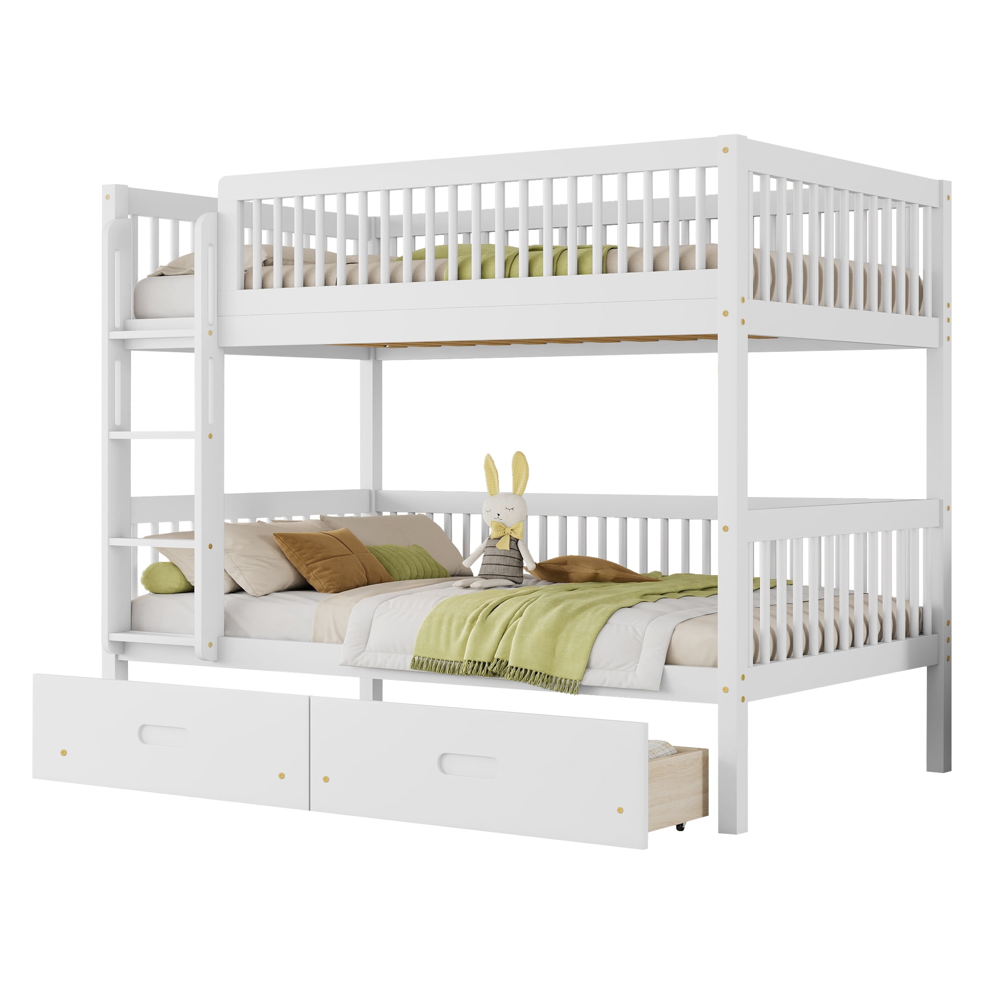 HOQBN Twin Over Twin Pine Wood Bunk Bed with 2 Drawers, Convertible into 2 Twin Beds, Twin Over Twin Bunk Bed Frame with Ladder and Safety Guardrails,White