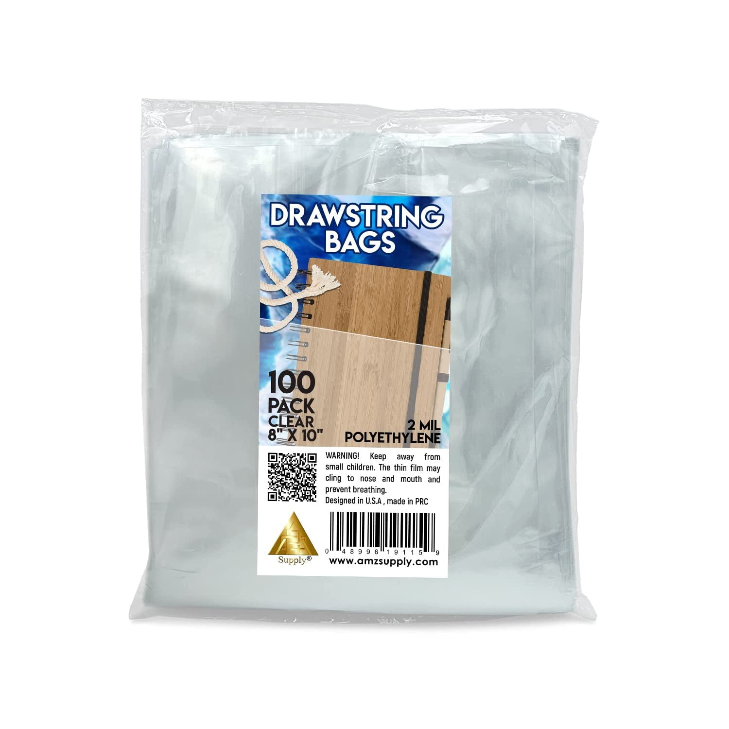 APQ Pack of 100 Clear Drawstring Bags 8 x 10 Thickness 2 mil Plastic Bags for Packing and Storing Ideal for Industrial and Business Applications. Double Cotton Drawstrings Polyethylene Bags 8x10 