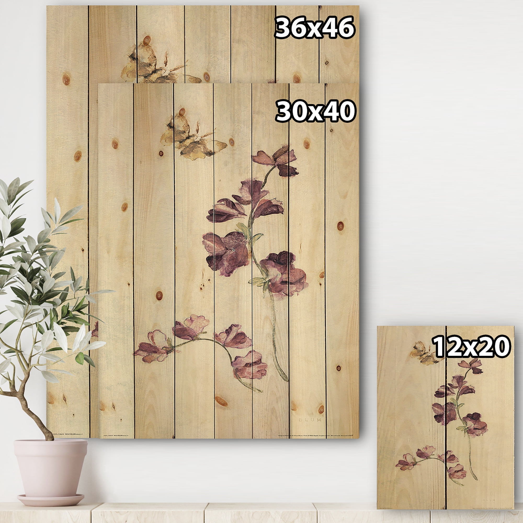 Designart 'Wild Simple Wallflowers IV' Farmhouse Print on Natural Pine Wood