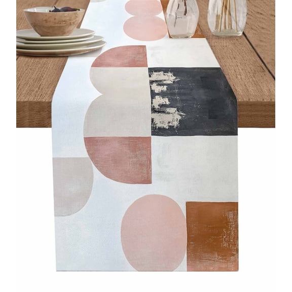 Orange Pink Grey Table Runner 70 Inches, Geometric Abstract Art Modern Bed Runner Dresser Scarves Tabletop for Indoor Outdoor Parties/Ceremony/Banquet, 13" x 70"