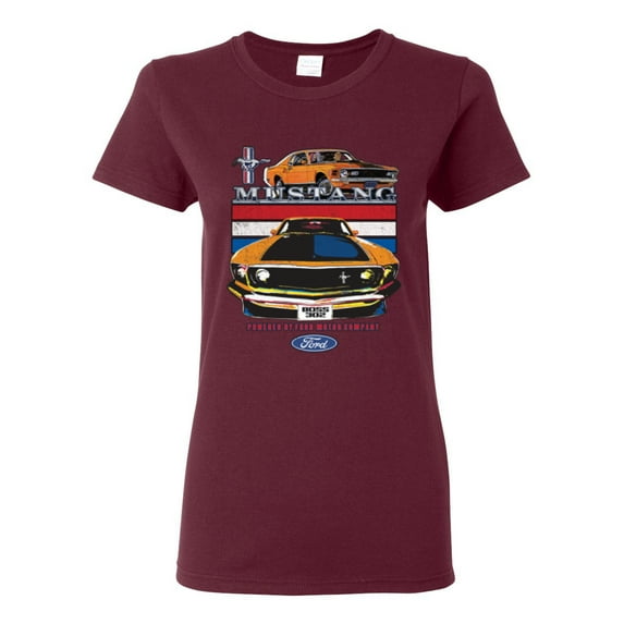 Wild Bobby Mustang Powered by Ford Performance Cars and Trucks Women Graphic Tee, Maroon, X-Large