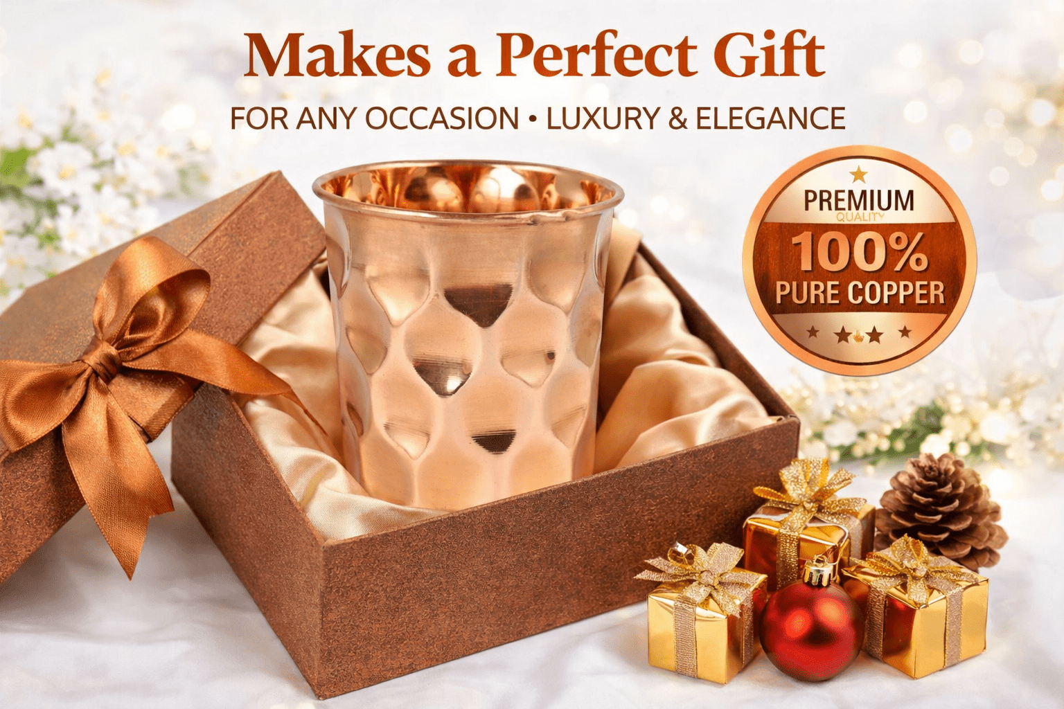 Pure Copper Water Bottle with 2 Matching Copper Glasses | Diamond Cut Design | Leak-Proof Cap | Ayurvedic Healthy Drinking Set | Ideal for Home, Office & Gifting