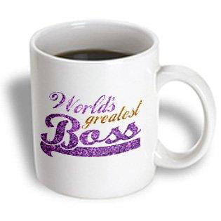 3dRose Worlds Greatest Boss - Best work boss ever - purple and gold text - faux sparkles matte glitter-look, Ceramic Mug,