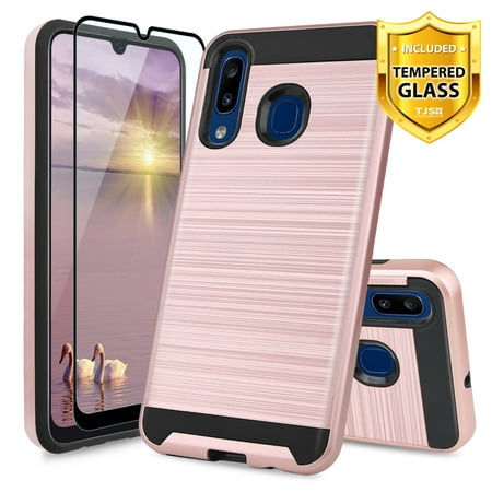 TJS Case Compatible for Samsung Galaxy A20/A30 2019, with [Full Coverage Tempered Glass Screen Protector] Dual Layer Brushed Finish Hard Inner Layer Armor Phone Cover (Rose