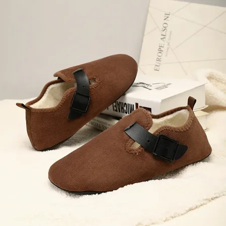 2024 New Winter Home Warm Cotton Indoors Flat Casual Walk Shoes Comfortable Breathable Boken Shoes Wool Soft Loafers Non-slip (Brown 38-39)