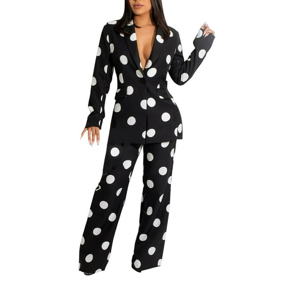 Dealovy Two Piece Sets for Women Polka Business Casual Outfits Long Sleeve V Neck Blazers Jacket Wide Leg Pants