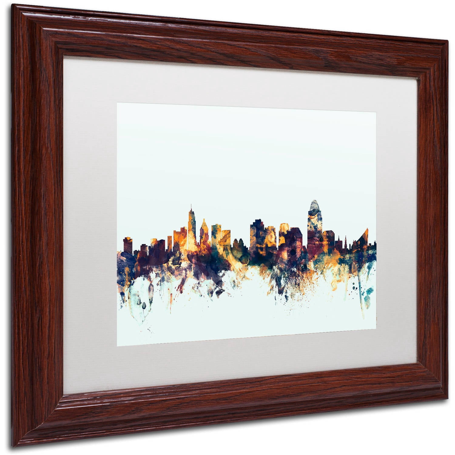 Trademark Fine Art "Cincinnati Ohio Skyline Blue" Canvas Art by Michael Tompsett, White Matte, Wood Frame