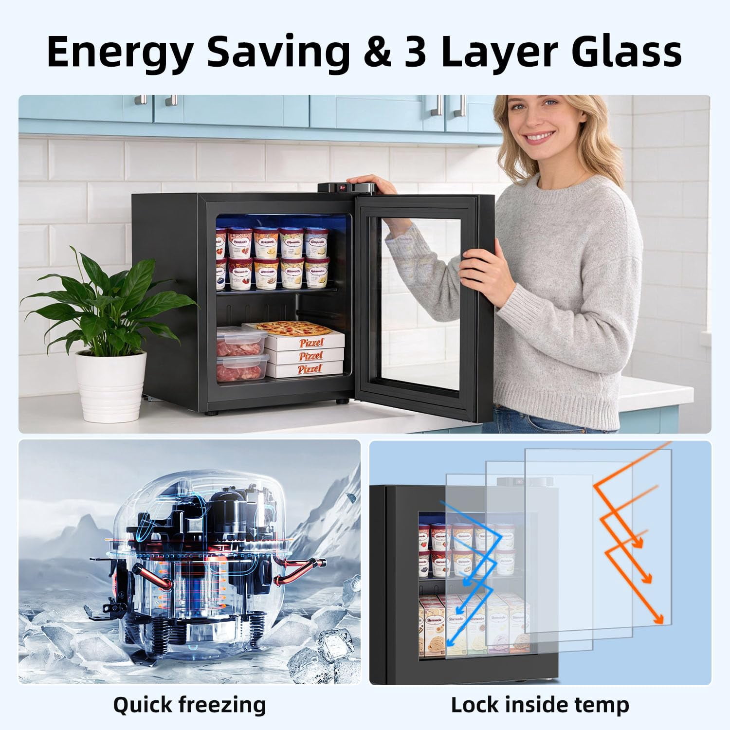 Auseo 1.1 Cu Ft Upright Display Freezer, Compact Countertop Mini Freezer for Ice Cream/Liquor/POS/home
