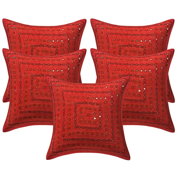 Stylo Culture Ethnic Chair Seat Throw Pillow Covers 16x16 Embroidered Mirror Lace Dark Peach Bohemian 40cm x 40cm Bedroom Cotton Geometric Square Cushion Covers | Set Of 5