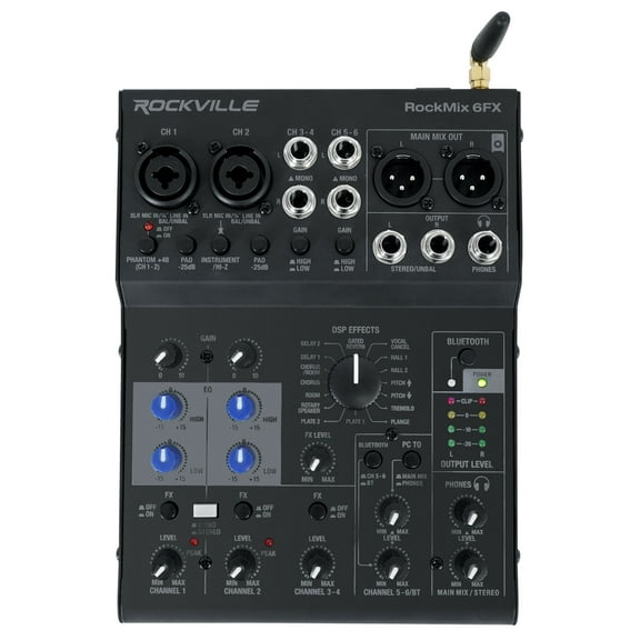 Rockville ROCKMIX 6FX 6-Channel Mixer with USB Interface, Bluetooth, 24-Bit FX, Phantom Power, for Podcasting, Home Recording, and Live Sound