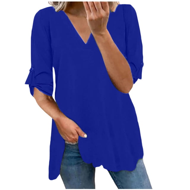 Moda mujer sólido manga larga cómodo transpirable gasa cuello en V camisa Tops Fridja czfsfas3933