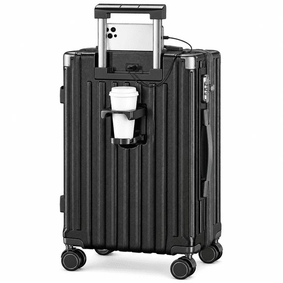 JaxSteam 20 Inch Carry On Luggage with Cup Holder & USB Port, Lightweight Hardside Suitcase with 360° Spinner Wheels and Side Hook, Black