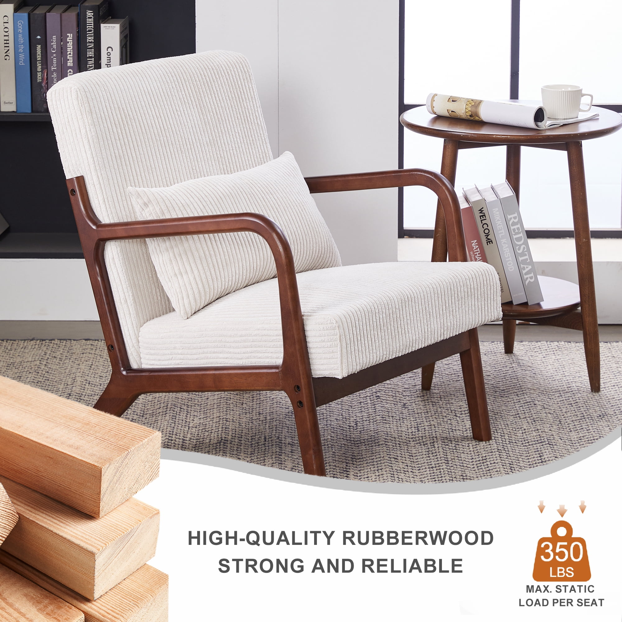 Leumius Modern Arm Chair Upholstered Reading Accent Chair with Pillow & Solid Wood Frame for Living Room Bedroom,Beige