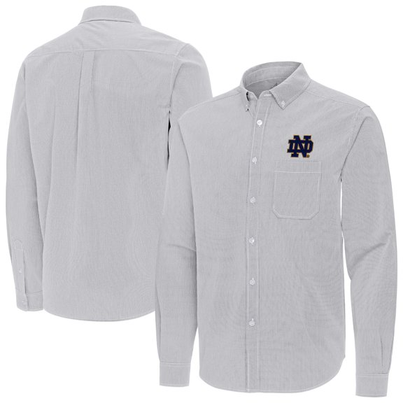 Men's Antigua Gray Notre Dame Fighting Irish Porter Woven Tri-Blend Long Sleeve Button-Down Shirt
