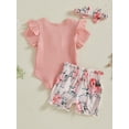 thumbnail image 6 of BemeyourBBs Newborn Baby Girl Summer Outfits Cute Infant Baby Girl Clothes Solid Color Ribbed Knit Short Sleeve Romper Front Bow Floral Cow Print Shorts Set Headband 3Pcs, 6 of 9