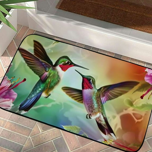 PHYHOO Hummingbirds Entrance Welcome Door Mat, Soft Kitchen Rugs Outdoor Floor Doormat Watercolor Floral Washable Home Carpet Decor 19.68*39.37 in