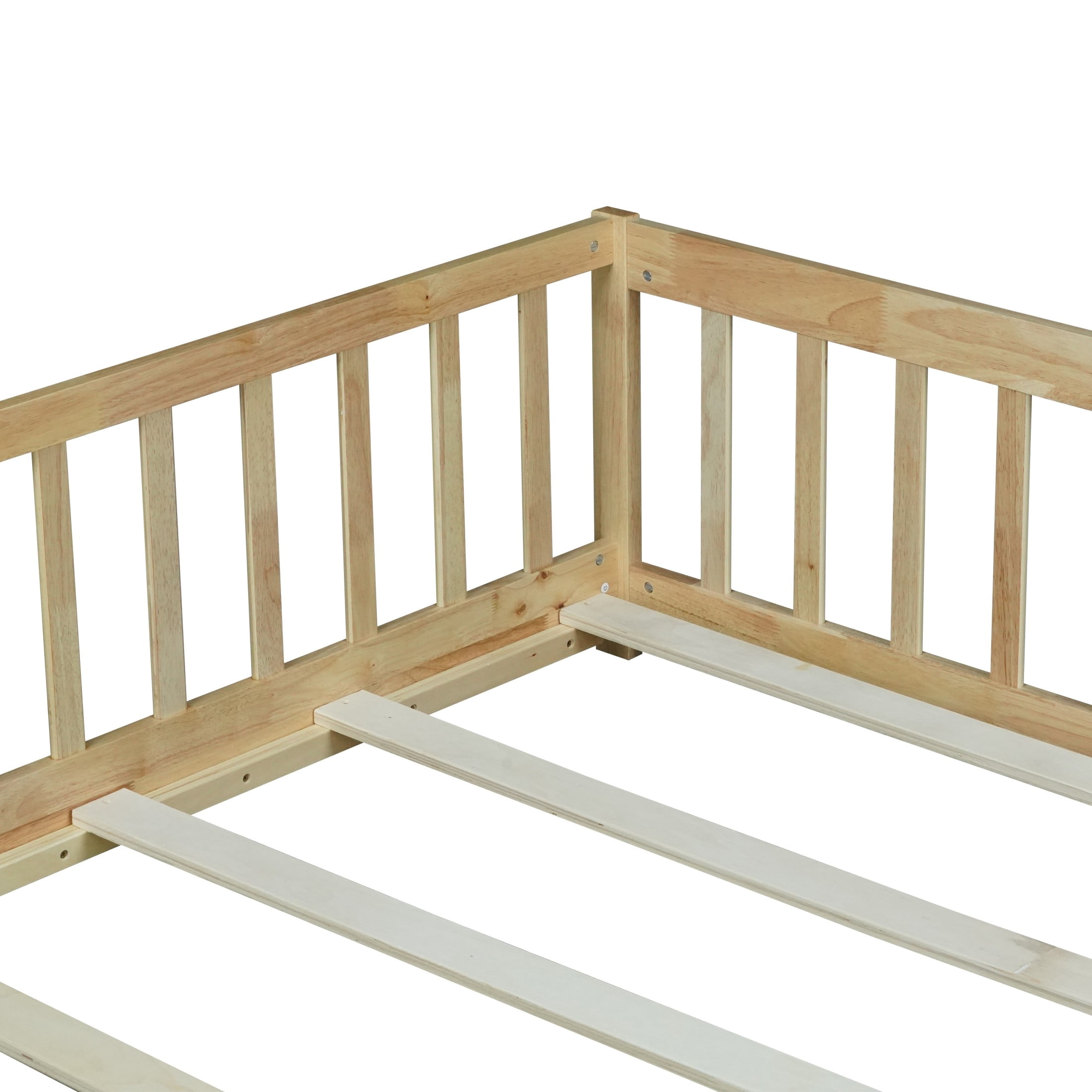 Noble House Amary Full Floor Bed with Safety Fence and Door, Sturdy Rubber Wood Montessori Bed Frame, Natural