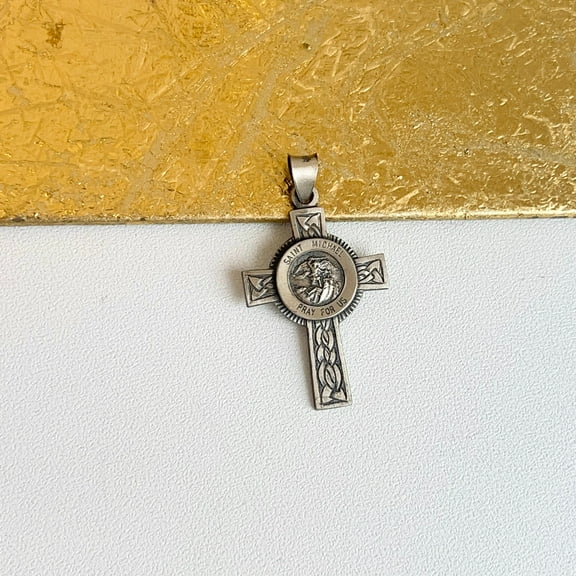 Sterling Silver Antiqued St Michael Medal Cross Pendant