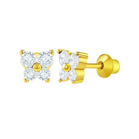 18k Gold Plated Crystal Butterfly Girl Children Screw Back Baby Earrings