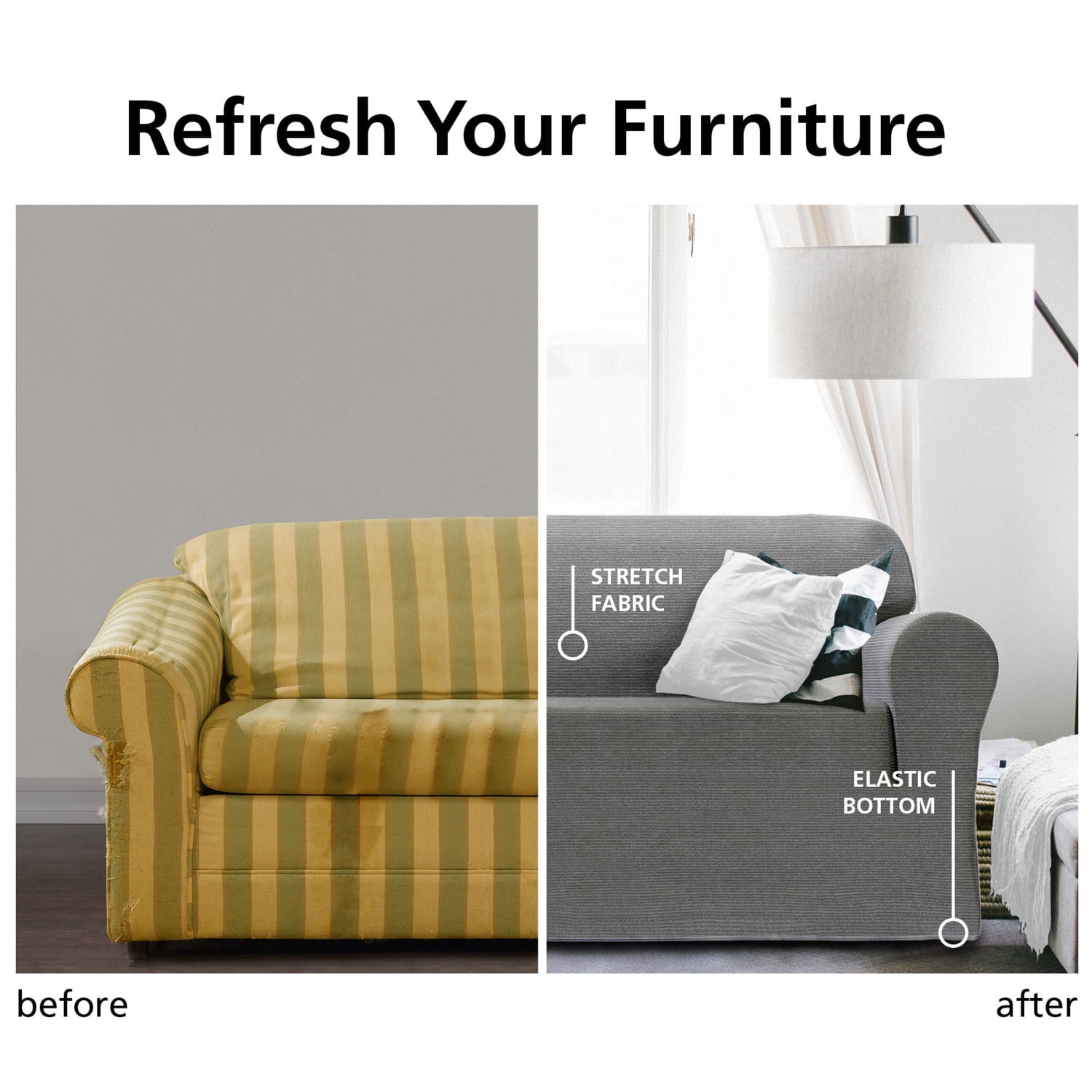Mainstays Herringbone Stretch-to-Fit Loveseat Slipcover, Fits 2 People, 1-Piece, Charcoal Black
