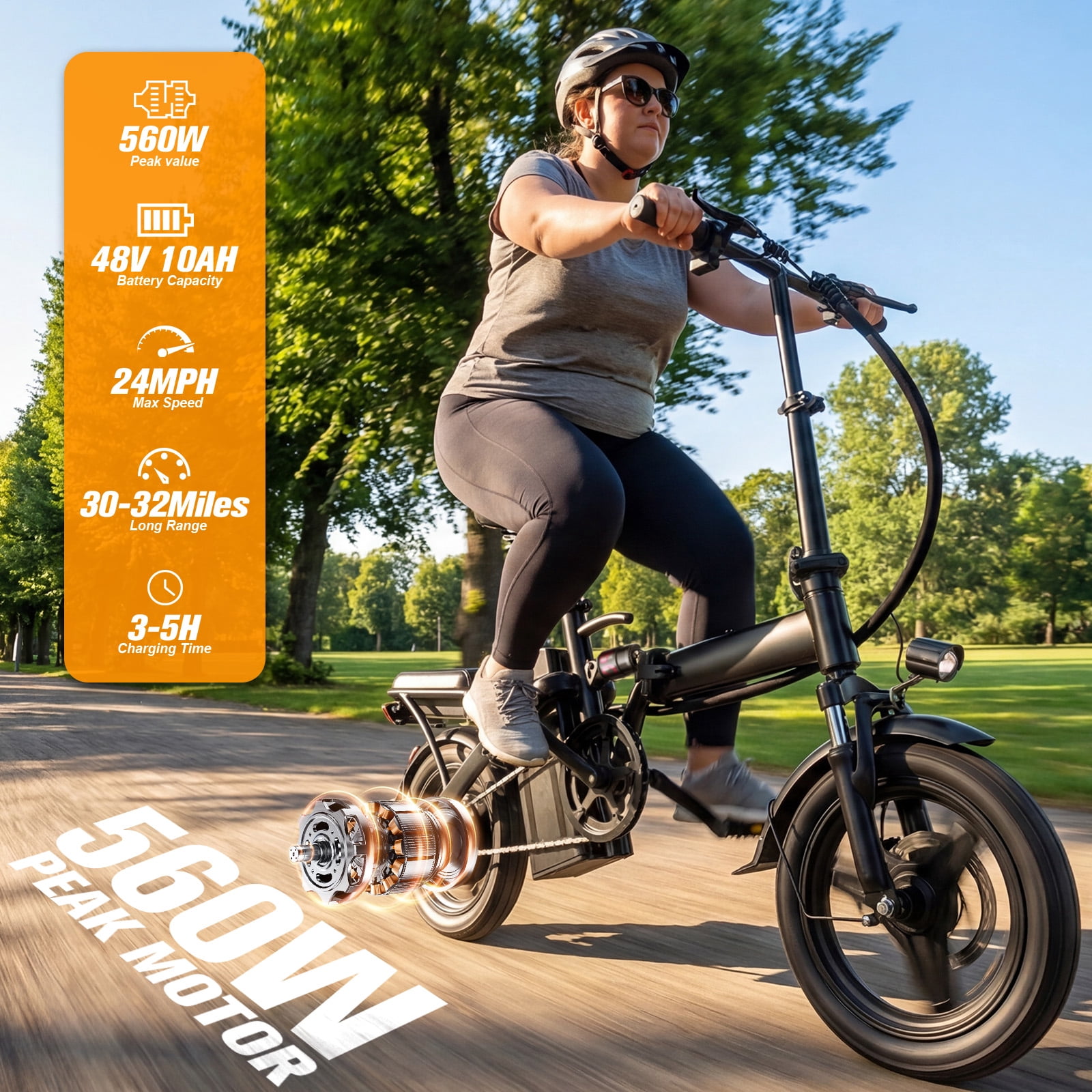 14''Foldable Adult Electric Bike, 48V 10ah 560W Motor, 3-Speed Gearing, Dual Spring Shock Absorbers, Front And Rear Led Safety Lights, Portable Design, With Basket/Phone Holder/Lock