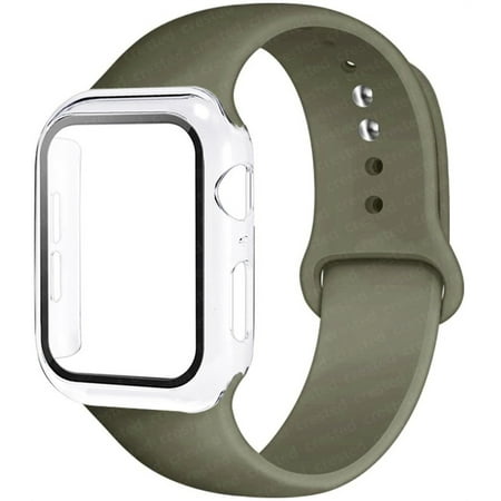 Glass+Case+Strap For Apple Watch band 44mm 40mm 38mm 42mm 40 44 mm Silicone Smartwatch Strap and PC screen protector Cover iWatch 3 4 5 6 SE Wristbands - Khaki